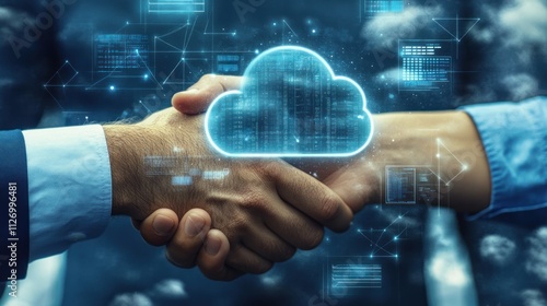 Digital handshake symbolizing cloud computing and collaboration.