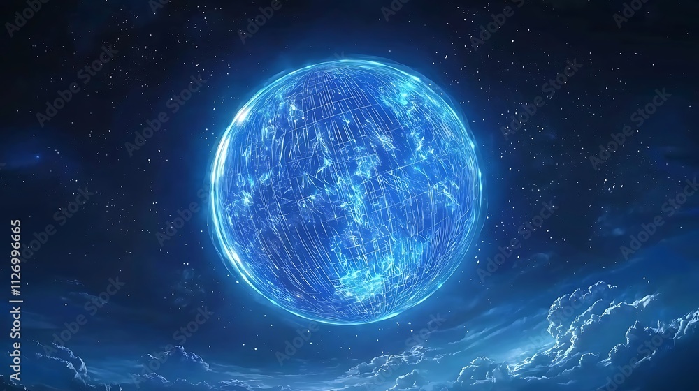 Fototapeta premium Glowing blue sphere in night sky.