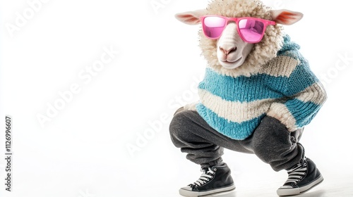 A stylish sheep wearing sunglasses and a sweater, striking a playful pose.