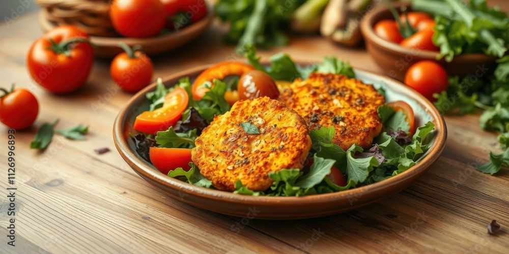 Savory Fried Patties Served on a Bed of Fresh Greens with Cherry Tomatoes