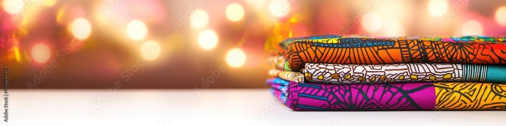 vibrant african fabric arranged neatly on smooth white surface with softly blurred festive background vibrant african fabric arranged neatly on smooth white surface with softly blurred festive background