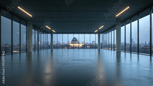 A spacious, modern interior with large windows showcasing a city skyline at dusk.