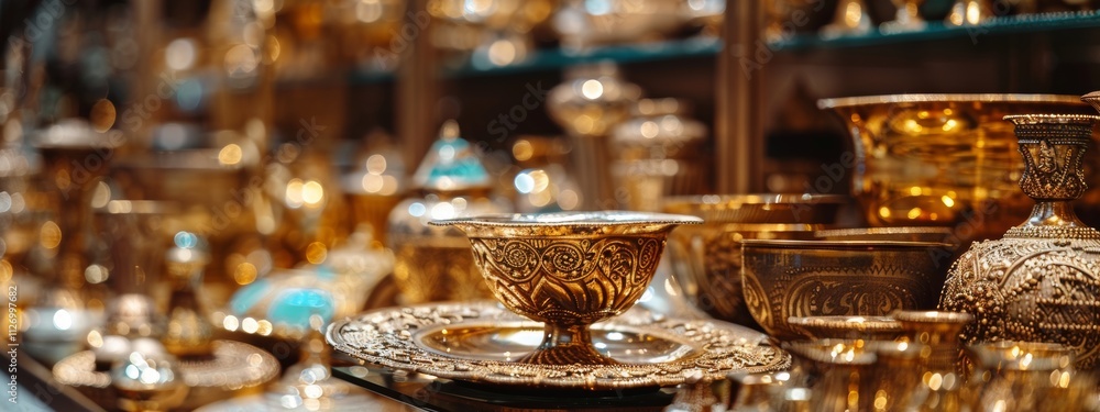 Ornate golden artifacts on display in a luxurious setting Ornate golden artifacts on display in a luxurious setting