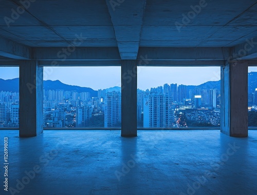 An empty interior with large windows showcasing a city skyline in a blue hue.