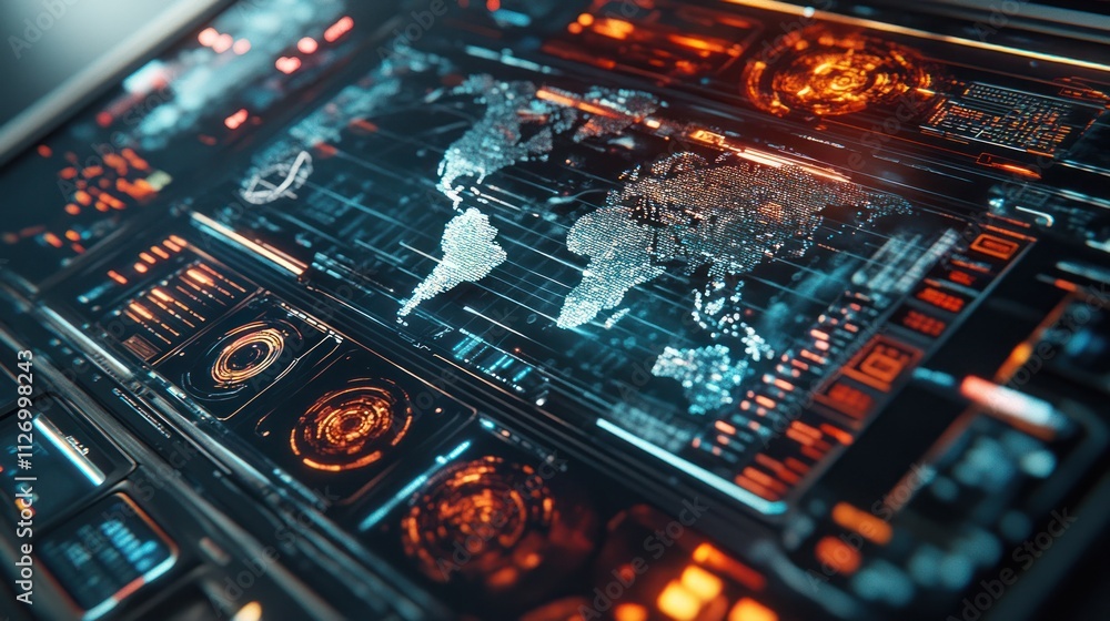 A close-up of a futuristic holographic interface depicting global connections A close-up of a futuristic holographic interface depicting global connections