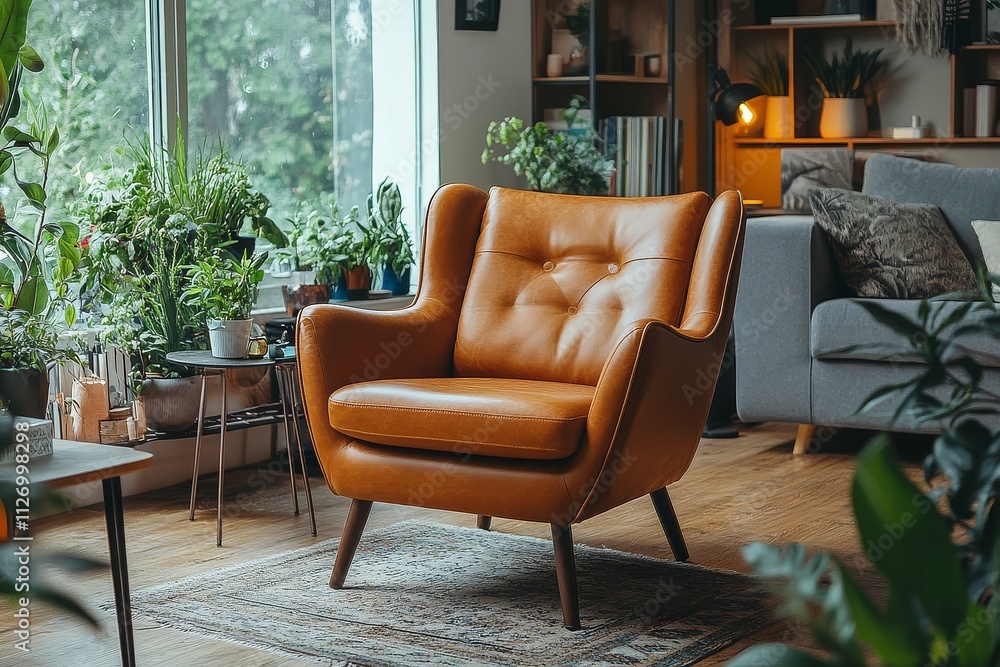 Brown leather armchair with wooden legs, coffee table, side tables, and home decor items in living room with natural light from large windows Brown leather armchair with wooden legs, coffee table, side tables, and home decor items in living room with natural light from large windows
