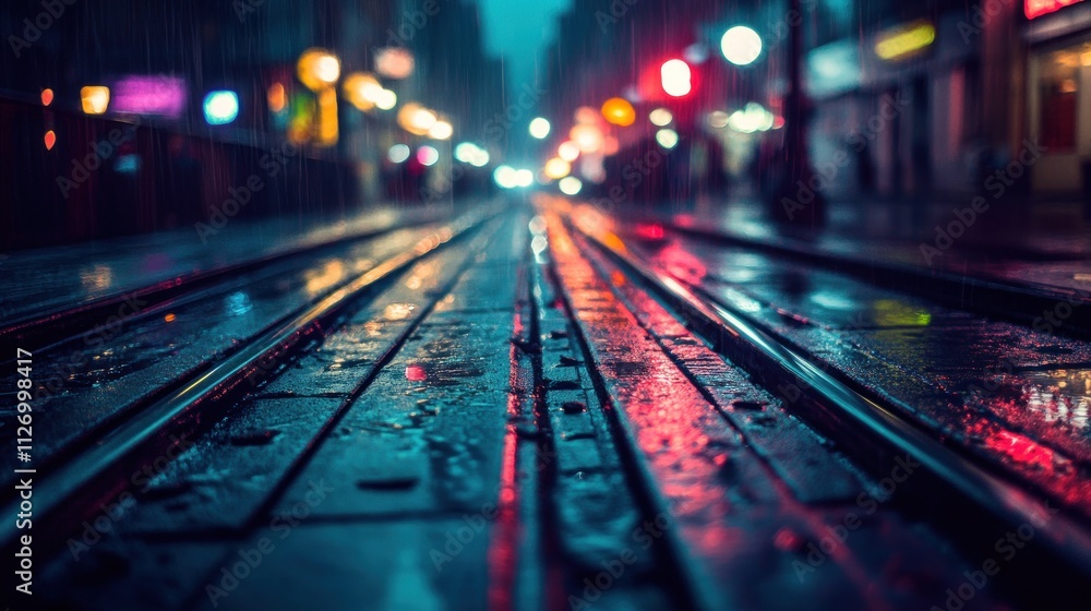 A rainy street scene with reflections on the tracks, creating a moody urban atmosphere. A rainy street scene with reflections on the tracks, creating a moody urban atmosphere.