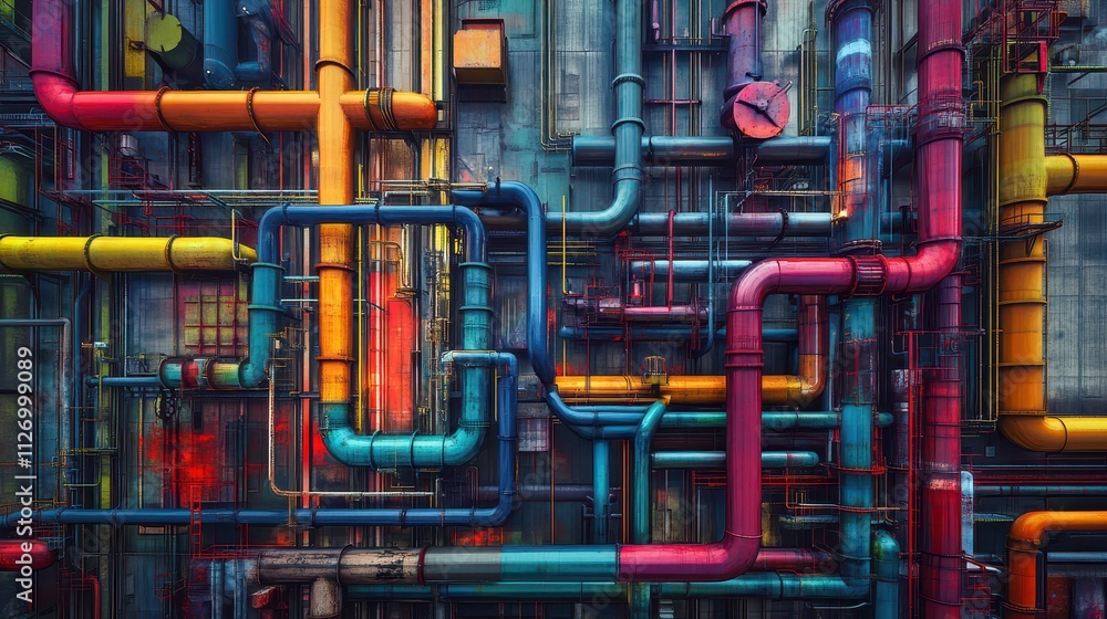 Abstract Art of Colorful Industrial Pipes and Tubes in a Modern Urban Setting Abstract Art of Colorful Industrial Pipes and Tubes in a Modern Urban Setting