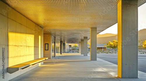 Modern architectural space with warm lighting and minimalist design.