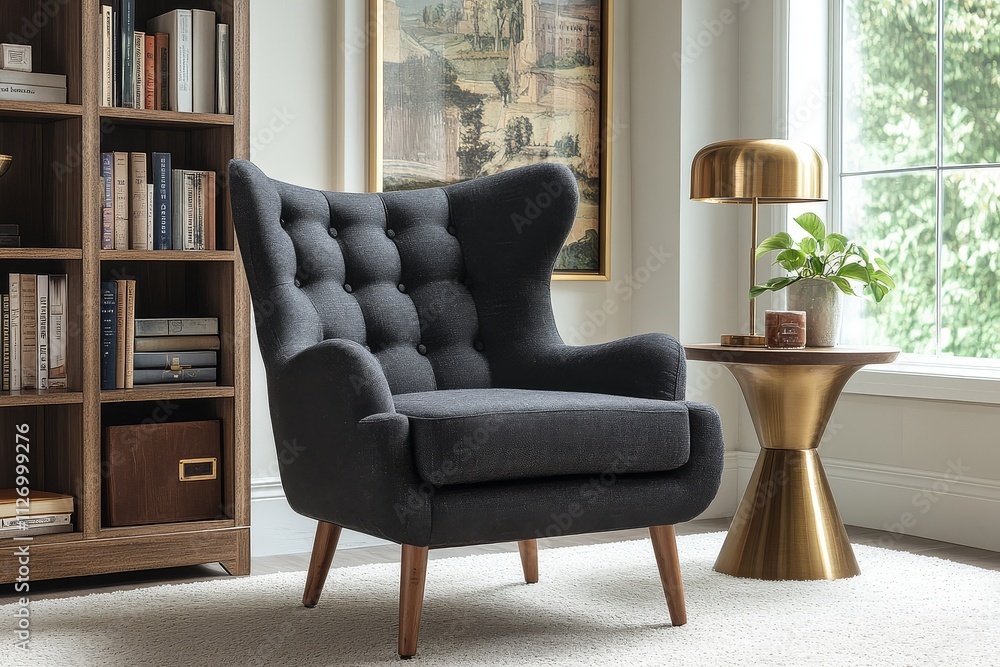 Dark gray linen armchair with wooden legs and square buttons, in front of office bookcase and reading table, with gold lamp and potted plant Dark gray linen armchair with wooden legs and square buttons, in front of office bookcase and reading table, with gold lamp and potted plant