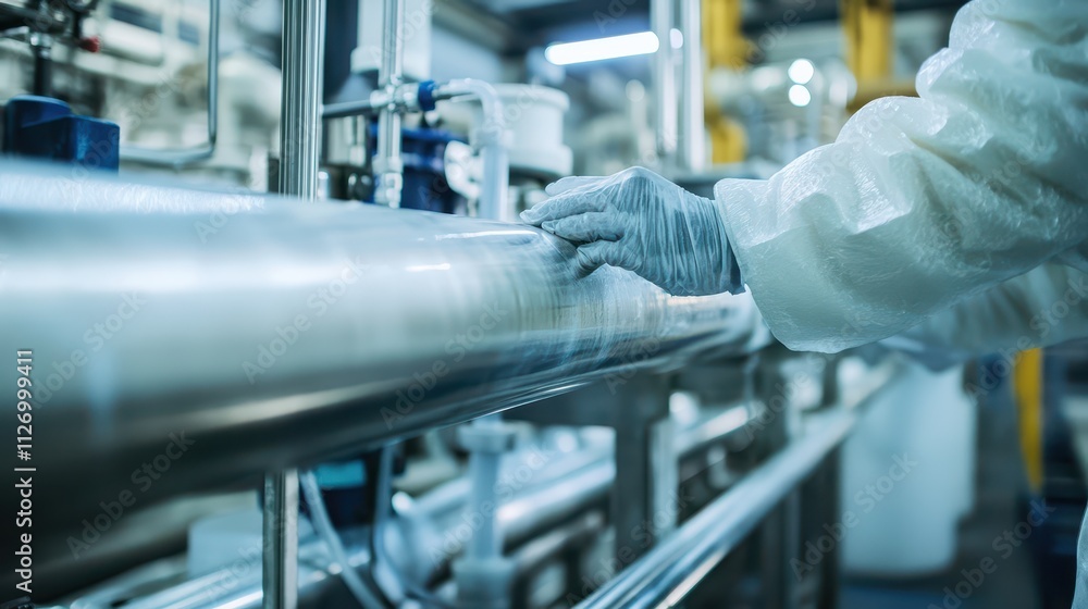 Close-Up View of a Worker Monitoring Industrial Equipment in a Modern Manufacturing Facility Close-Up View of a Worker Monitoring Industrial Equipment in a Modern Manufacturing Facility