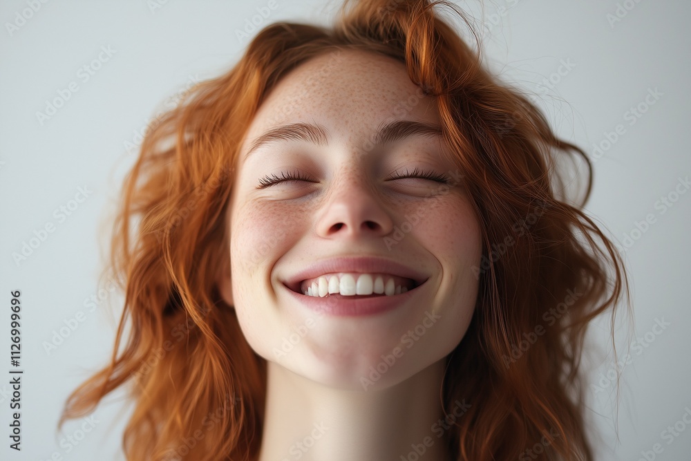 Cheerful woman with a bright smile and curly red hair against a white background Cheerful woman with a bright smile and curly red hair against a white background