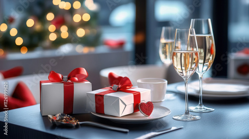 Elegant Christmas table setting with gifts and champagne