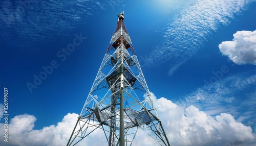 tall communication tower reaching into a bright blue sky with clouds