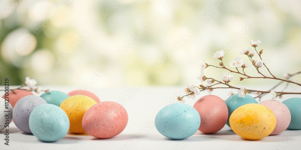 Obraz premium Pastel Easter Eggs and Spring Blossoms on White Surface