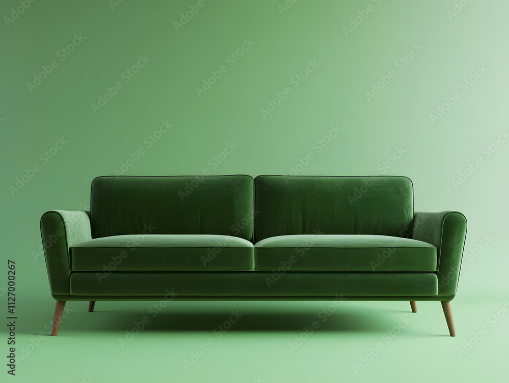 Green soft comfortable sofa on a green background. Neural network AI generated art Green soft comfortable sofa on a green background. Neural network AI generated art