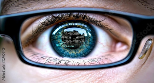 minimal photostock of a  Focused developer coder wears glasses working on computer looking at programming code data cyber security digital tech reflecting in spectacles developing
