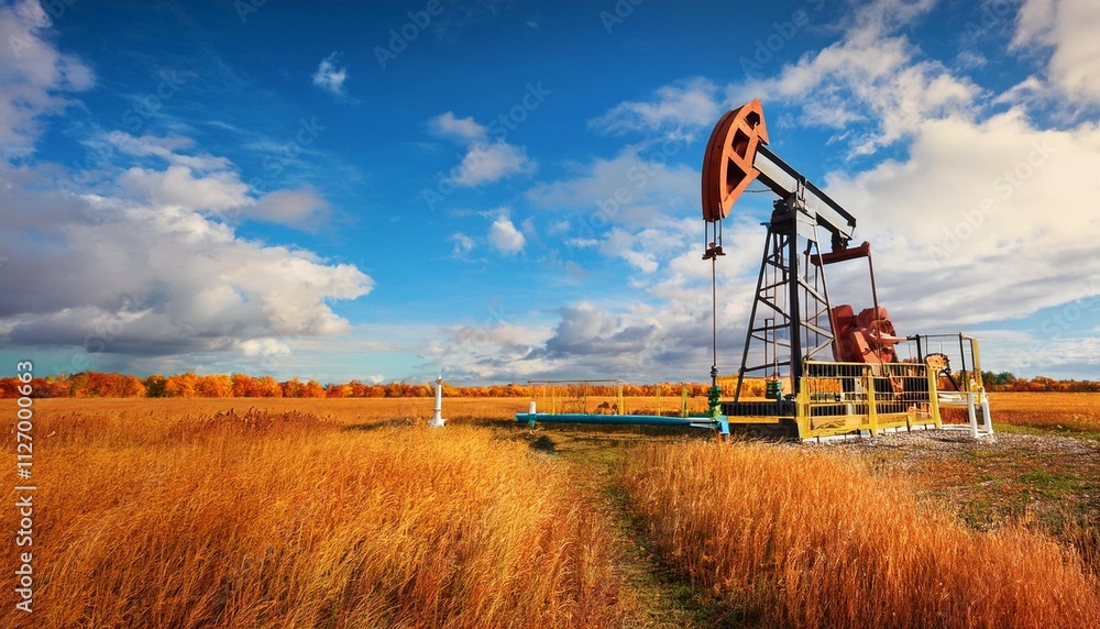 oil pump jack working in a bright orange autumn field under a blue cloudy sky oil pump jack working in a bright orange autumn field under a blue cloudy sky