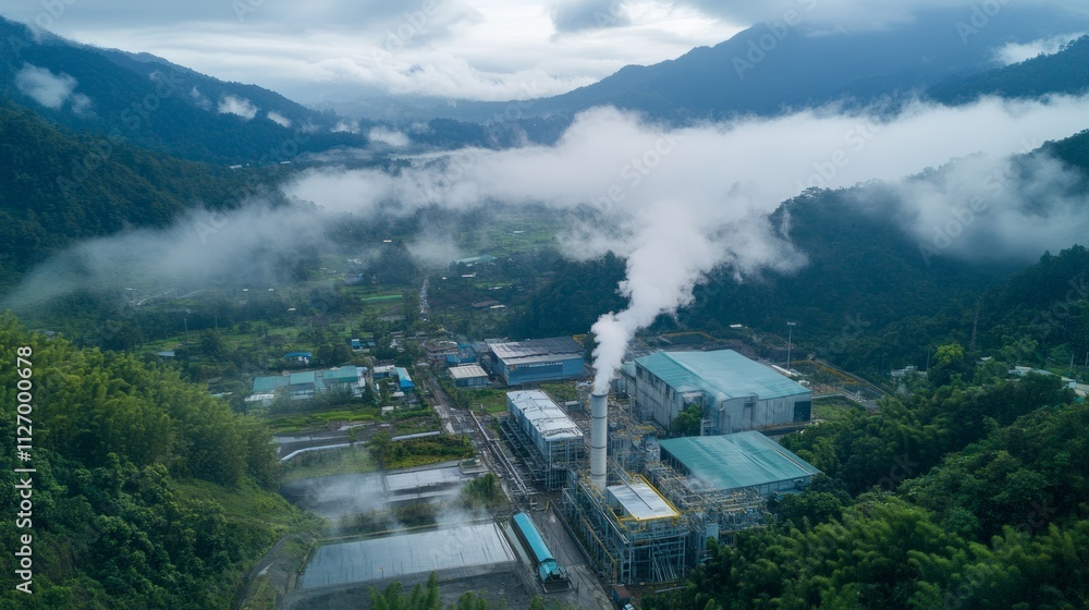 Aerial view of industrial plant emitting steam in a mountain valley.