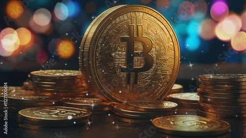 crypto money concept, bitcoin gold coins on a table with sparkling bokeh light in the background