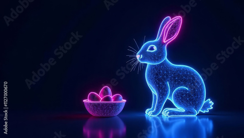 Glowing digital neon bunny sitting near a bowl with neon eggs in a dark futuristic setting. Easter celebration concept.