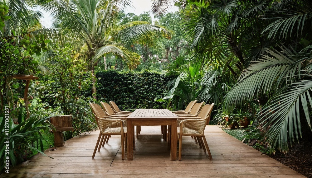 Fototapeta premium outdoor wooden table and chairs in a tropical garden surrounded by lush greenery