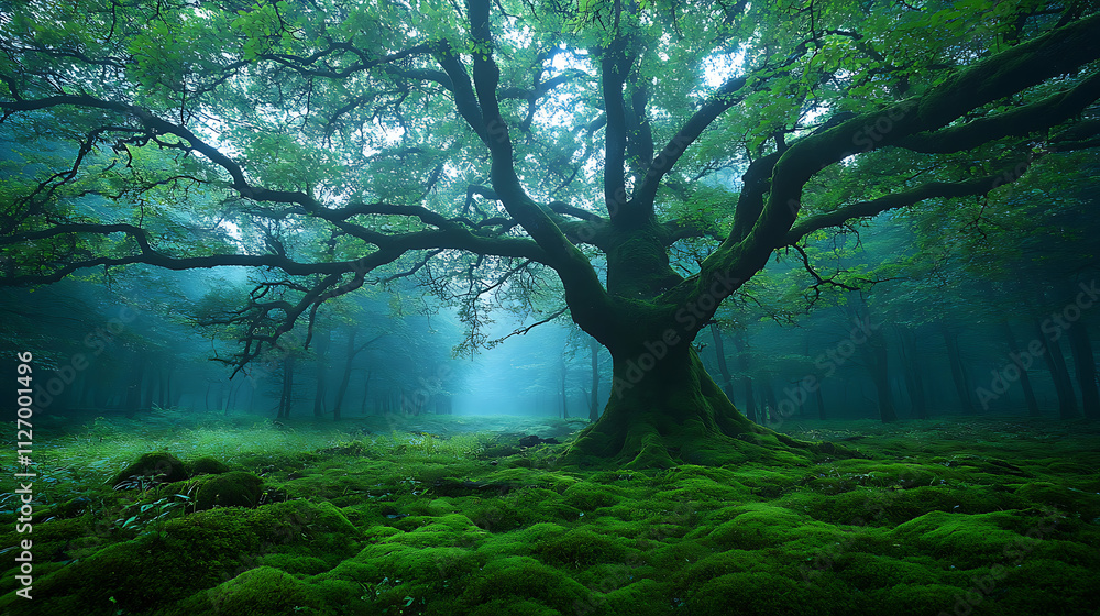 Dense foggy forest with towering evergreens, enchanted lights floating between the trees and glowing roots Dense foggy forest with towering evergreens, enchanted lights floating between the trees and glowing roots