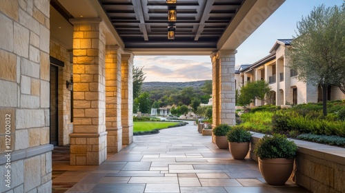A serene pathway leads through an elegant stone archway to lush green landscaping.