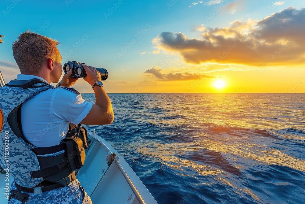 Obraz premium Captain in marine uniform observes horizon with binoculars during sunset at sea
