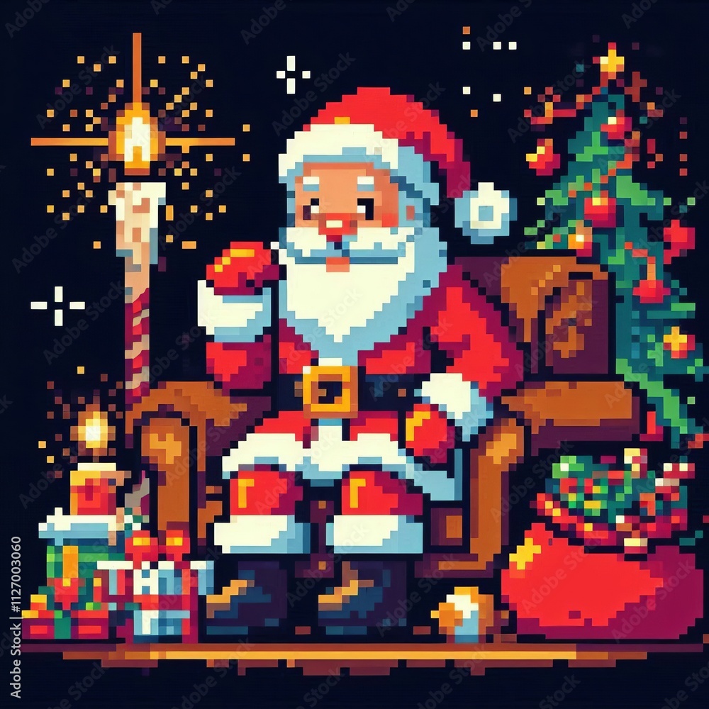 Naklejka premium Pixel Art Bit Santa A digital pixelated representation of Santa