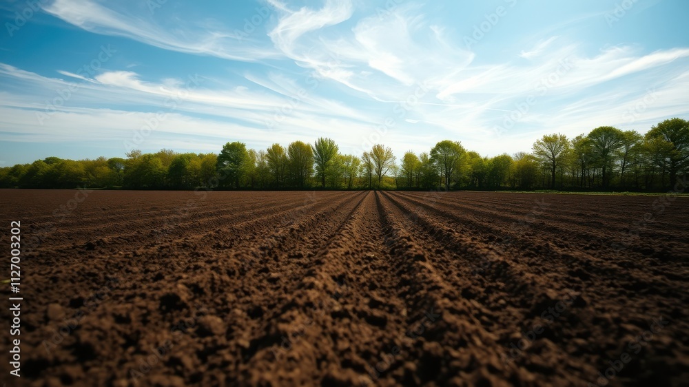 Ploughed farmland ready for planting, under a vibrant spring sky, showing rows of dark soil and a tree line in the distance. Ploughed farmland ready for planting, under a vibrant spring sky, showing rows of dark soil and a tree line in the distance.