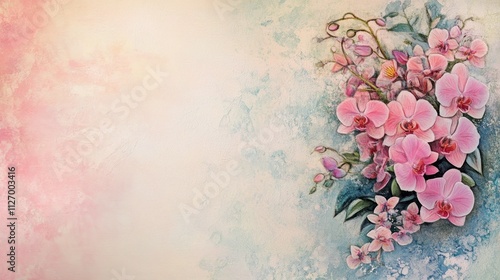 Orchids on pastel background in crayon drawing style