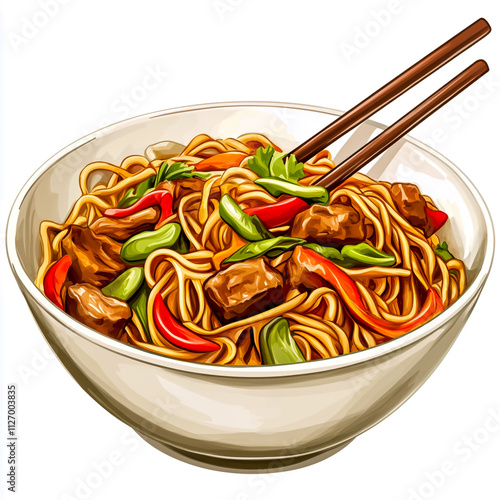 Deliciously  of asian noodle dish with isolated on white background. photo