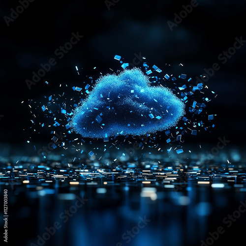 Digital representation of cloud breaking apart, symbolizing data and technology in modern, abstract form.