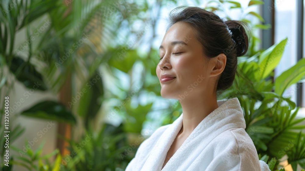 Young woman in peaceful meditation pose with eyes closed surrounded by lush indoor plants and foliage for a serene tranquil and rejuvenating wellness atmosphere Concept of mindfulness self care Young woman in peaceful meditation pose with eyes closed surrounded by lush indoor plants and foliage for a serene tranquil and rejuvenating wellness atmosphere Concept of mindfulness self care