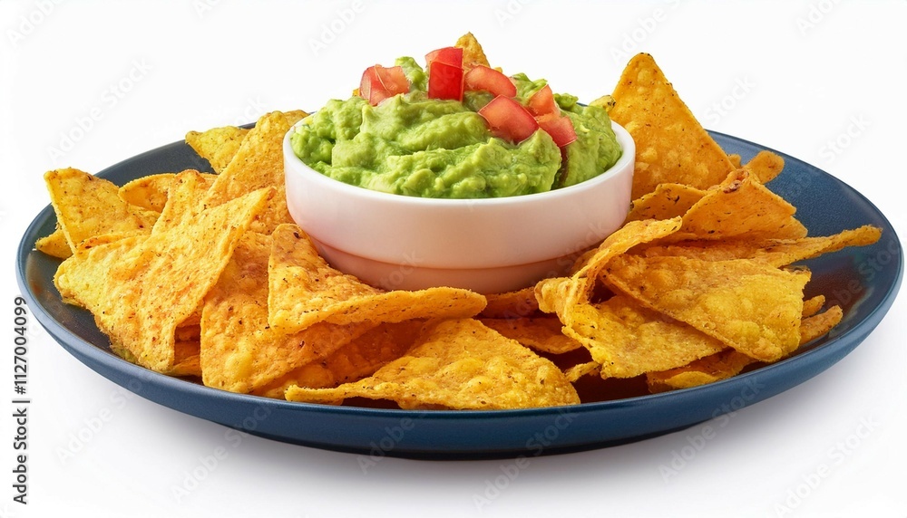 nachos with guacamole in plate isolated on white background with clipping path