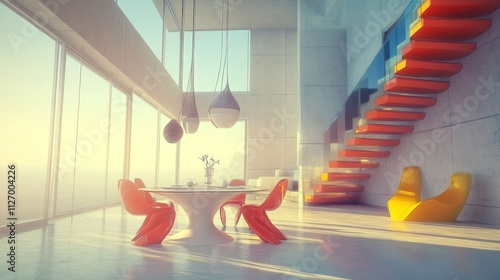 Modern interior featuring a dining area, colorful chairs, and a striking staircase.