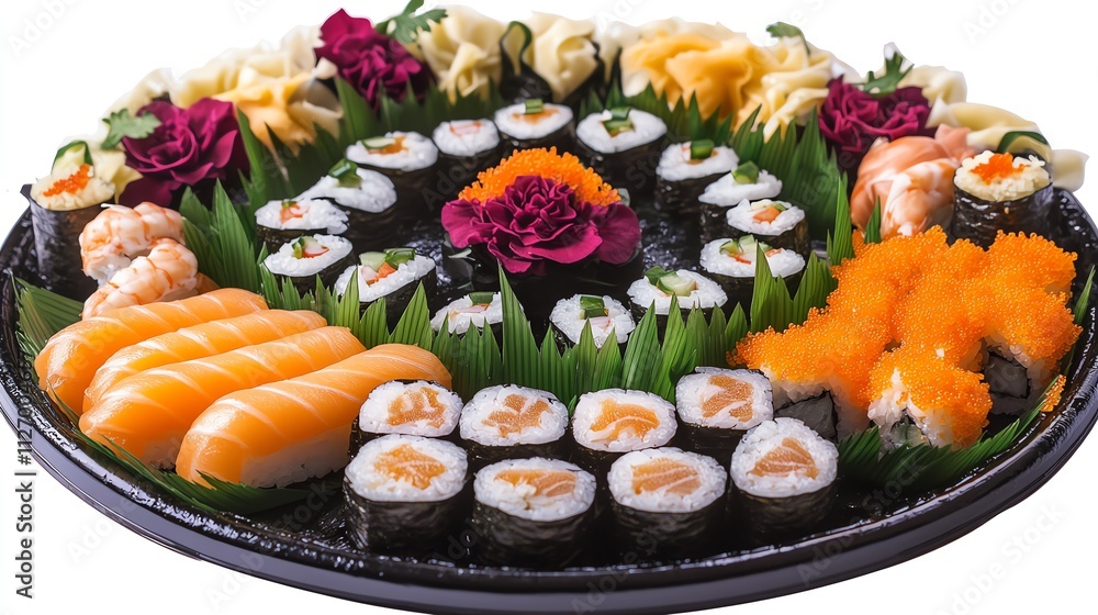 Colorful sushi platter with various ingredients. Colorful sushi platter with various ingredients.