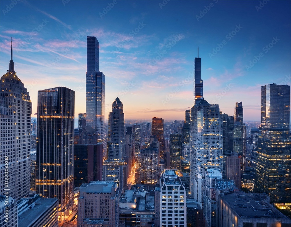 Fototapeta premium majestic urban skyline modern skyscrapers against blue twilight