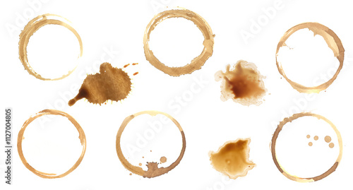 Coffee stain circle isolated set. Round coffee stain cup collection, splash coffee on white, drity coffee spill rings on white