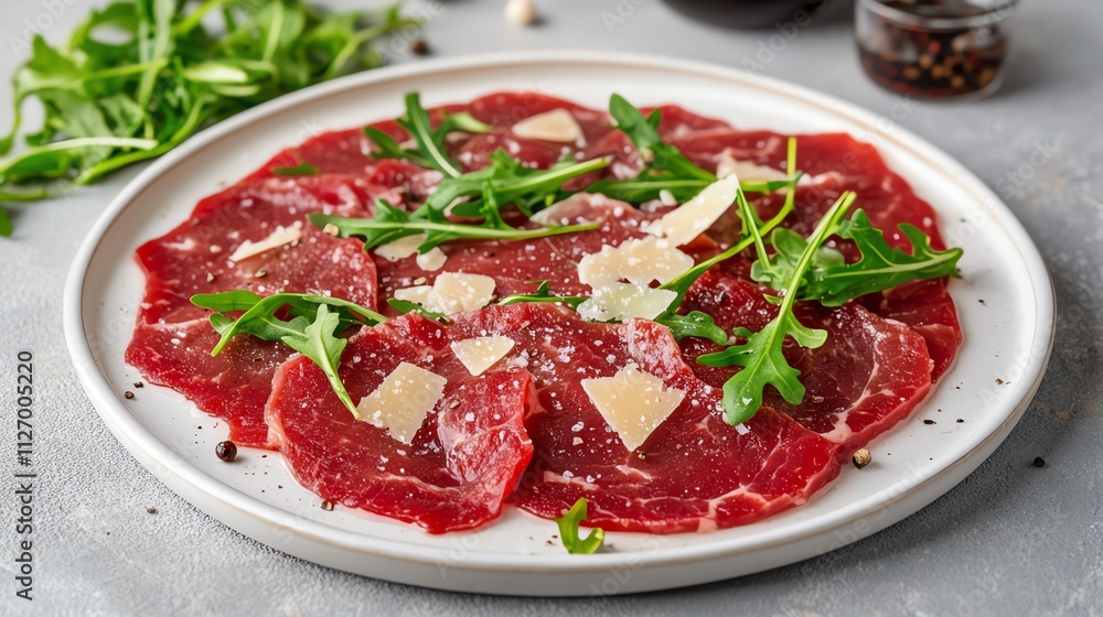 Delicious beef carpaccio with arugula garnish Delicious beef carpaccio with arugula garnish