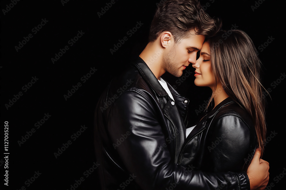 A stylish couple in black leather jackets share a romantic moment, showcasing love, passion, and intimacy with a dramatic dark background. A stylish couple in black leather jackets share a romantic moment, showcasing love, passion, and intimacy with a dramatic dark background.
