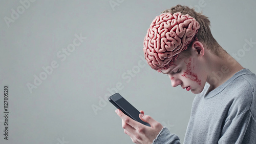 Symbolic image of technology dependence with exposed brain and smartphone use.