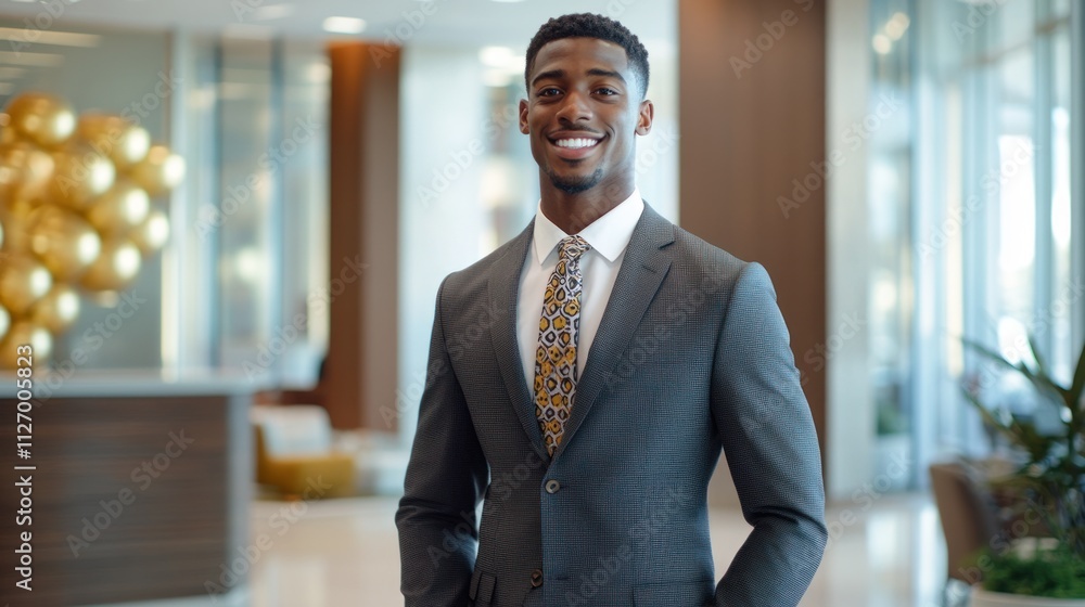 A confident man in a suit smiles in a modern office setting with decorative elements. A confident man in a suit smiles in a modern office setting with decorative elements.