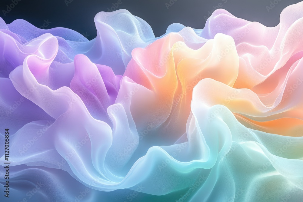 Fototapeta premium Abstract pastel-colored fabric swirls creating a dreamy, ethereal, and soft visual effect.