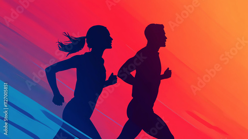 Dynamic silhouette of two runners against colorful gradient background, reflecting energy and movement in sports.