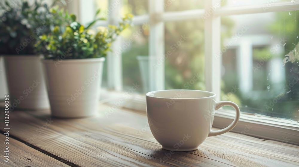 Obraz premium Minimalist morning scene with a cup of coffee by the window