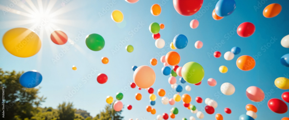 Colorful balloons floating in sunny sky at Holi festival Colorful balloons floating in sunny sky at Holi festival