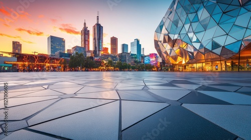 A vibrant cityscape at sunset showcasing modern architecture and urban life.