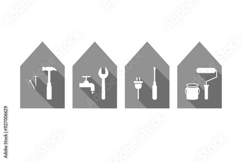 House and work tool icons. Home and tools icon set as repair, renovation, maintenance, facility management, building or home improvement concept.